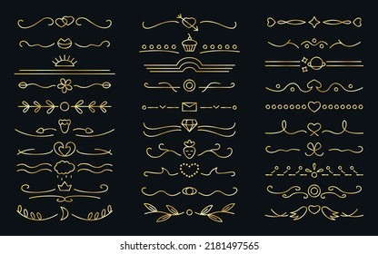 Text divider golden gradient thin line icons set. Page decoration linear paper break, book decoration. Vintage borders and wedding laurels. Simple separator contour symbol. Vector Illustration