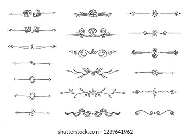 Text Divider Line Set. Border Hand Drawn Elements. Book Page Decoration Linear Break. Vector Illustration Isolated On White Background