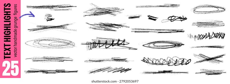 Text divider scribble with charcoal underline and brush emphasis for layout or card. Messy divider lines with scratchy highlight in handmade scribble shapes. Vector grunge pack isolated on white.