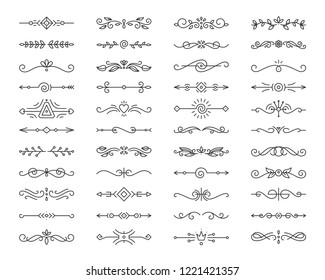 Text Divider thin line icons set. Outline sign border element kit. Page Decoration linear icon paper break, book decoration. Simple separator black contour symbol isolated on white vector Illustration