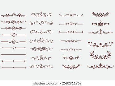 Text Divider thin line icons set. Outline sign border element kit. Page Decoration linear icon paper break, book decoration. Simple separator black contour symbol isolated on white vector Illustration