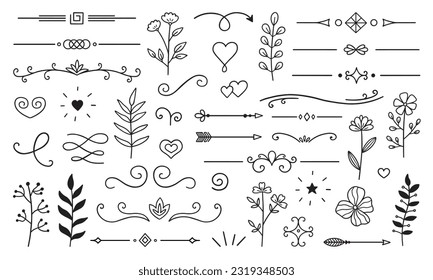 Conjunto de doodles de divisores de texto. Flechas de Boho. Matar elementos decorativos con hojas, torbellinos, corazones. Ornamento divisor, bordes, líneas, decoración. Ilustración vectorial dibujada a mano aislada en fondo blanco