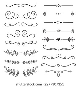 Conjunto de doodles de divisores de texto. Matar elementos decorativos con hojas, torbellinos, corazones. Ornamento divisor, bordes, líneas. Ilustración vectorial dibujada a mano aislada en fondo blanco
