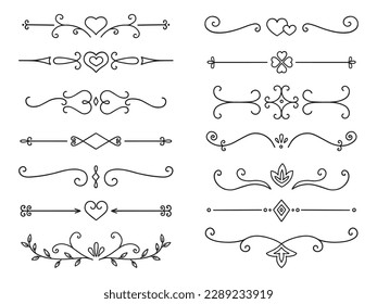 Text dividers doodle set. Wedding decorative elements with leaves, swirls, hearts. Divider ornament, borders, lines. Hand drawn vector illustration isolated on white background