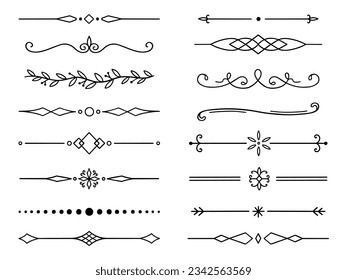 Text dividers doodle set. Wedding decorative elements with leaves, swirls. Divider ornament, borders, lines. Hand drawn vector illustration isolated on white background