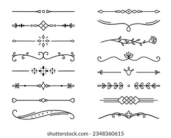 Text dividers doodle set. Wedding decorative elements with leaves, and swirls. Divider ornament, borders, lines. Hand drawn vector illustration isolated on white background
