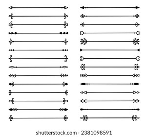 Conjunto de doodles de divisores de texto. Matar elementos decorativos con hojas, torbellinos, corazones. Ornamento divisor, bordes, líneas. Ilustración vectorial dibujada a mano aislada en fondo blanco