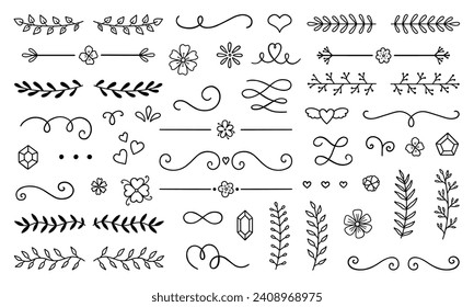 Conjunto de doodles de divisores de texto. Matar elementos decorativos con hojas, torbellinos, corazones. Ornamento divisor, bordes, líneas. Ilustración vectorial dibujada a mano aislada en fondo blanco