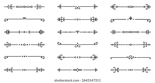 Conjunto de rabiscos divisores de texto. Elementos decorativos do casamento. Ornamento divisor, bordas, separadores de linha vintage. Ilustração de vetor desenhada à mão isolada no plano de fundo branco