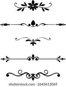 Text dividers doodle set. Wedding decorative elements. Divider ornament borders vintage line separators.Line dividers. Decorative swirl text separators, vintage divider.Golden vintage floral elements	
