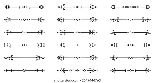 Conjunto de rabiscos divisores de texto. Elementos decorativos do casamento. Ornamento divisor, bordas, separadores de linha vintage. Ilustração de vetor desenhada à mão isolada no plano de fundo branco