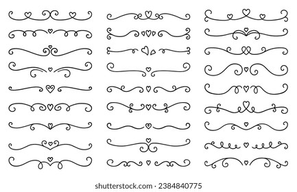 Text dividers with hearts doodle set. Wedding decorative elements. Divider ornament, borders, lines. Hand drawn vector illustration isolated on white background