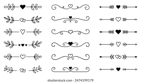 Text dividers with hearts doodle set. Wedding decorative elements. Divider ornament, borders, arrows. Hand drawn vector illustration isolated on white background