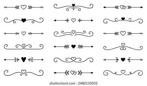 Text dividers with hearts doodle set. Wedding decorative elements. Divider ornament, borders, arrows. Hand drawn vector illustration isolated on white background