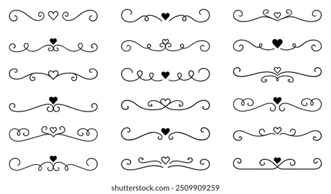 Divisores de texto con corazones doodle set. Elementos decorativos de Boda. Ornamento divisor, bordes. Ilustración vectorial dibujada a mano aislada sobre fondo blanco