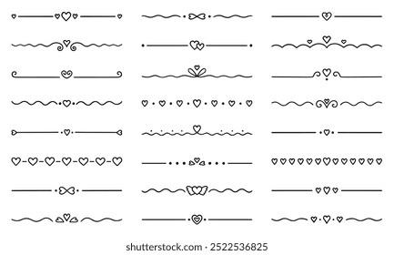 Text dividers with hearts doodle set. Wedding decorative elements. Separate ornament, borders, lines. Hand drawn vector illustration isolated on white background