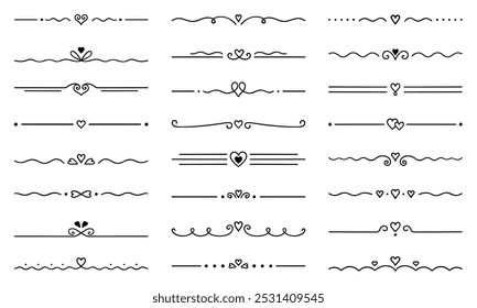 Text dividers with hearts doodle set. Wedding decorative elements. Separate ornament, borders, lines. Hand drawn vector illustration isolated on white background