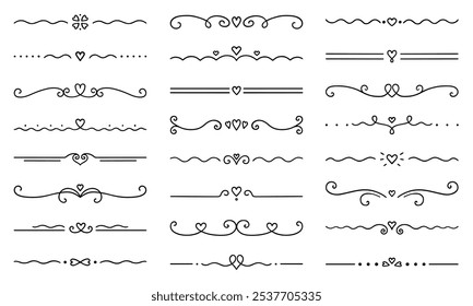 Divisores de texto com conjuntos de rabiscos de corações. Elementos decorativos do casamento. Separar ornamento, bordas, linhas. Ilustração de vetor desenhada à mão isolada no plano de fundo branco