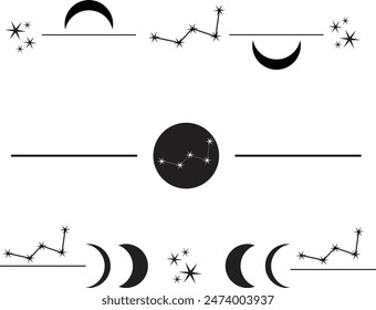 Text dividers, paragraph dividers, borders, frames, separators with moon and star constellations.