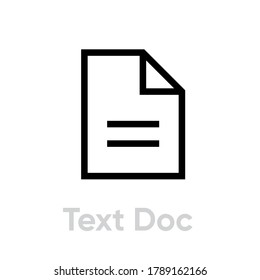 Text doc icon in flat design. Editable vector outline. Single pictogram. Simple sheet sign. Simple linear symbol document, file or page with text and bent corner on white. User interface element.