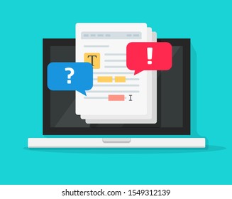 Text document editing together on computer vector, flat cartoon laptop with shared file collaborated with highlighted text editor and chat comments notifications, concept of docs online sharing notice