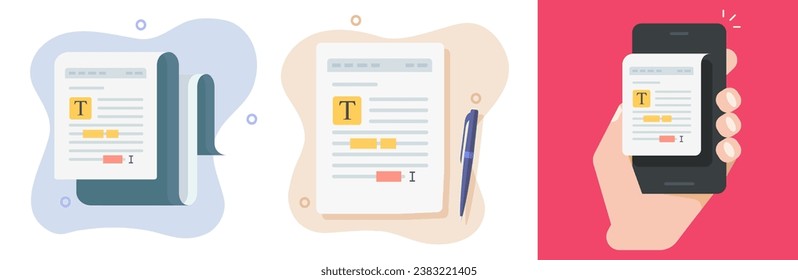 Text document editor app software on mobile cell phone icon vector flat cartoon graphic, spell check grammar correction digital online virtual illustration set, content writing on cellphone smartphone