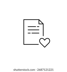 Documento de texto e coração. Anotações digitais, adicionar arquivo aos favoritos. Conexão de arquivo segura. Pixel perfeito, ícone de vetor de traçado editável