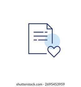 Documento de texto e coração. Anotações digitais, adicionar arquivo aos favoritos. Conexão de arquivo segura. Pixel perfeito, ícone de vetor de traçado editável