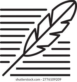 Text document page with classic feather quill pen line icon for writing poetry essays and scripts