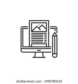 Escritura de documentos de texto en el icono del vector del equipo. vector de icono de blogueo. Icono de línea plana de contenido de blog. Ilustración del contorno vectorial de la computadora con artículo y lápiz. Libreta lineal para el redactor de copias