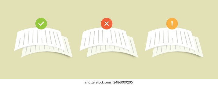 Text Documents minimalist illustration with check, cross, and exclamation mark icon