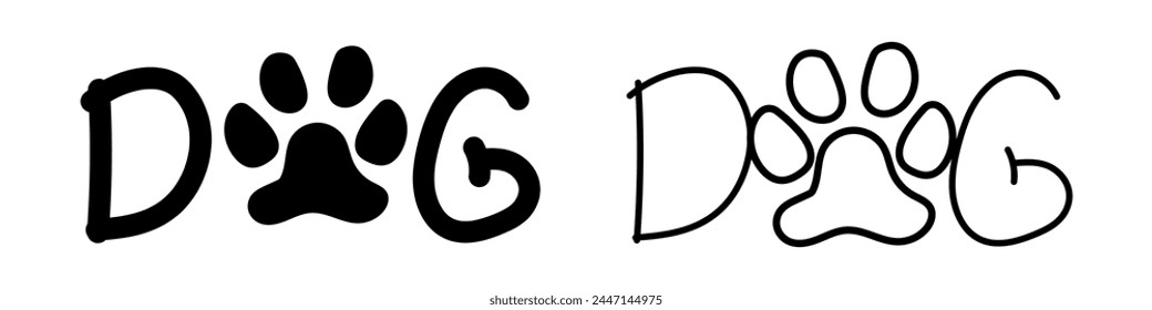 Text DOG with a dog's paw hand drawn vector illustration isolated on white background.