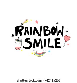 text with doodle simple patches: rainbow with clouds,lollipop etc. beautiful girlish childish isolated illustration for t-shirts,wall art,mugs,motif,baby shower,textile.inscription "rainbow smile"  