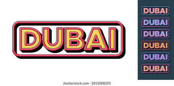 Text Dubai in 3D style, tourist city in UAE. Dubai city, framed text icon set. Isolated word Dubai with isometric letters in pop art style for graphic design, vector set.