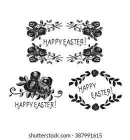 Text. Easter. Decorative design elements. Frame of flowers. Black and white image. Vintage.