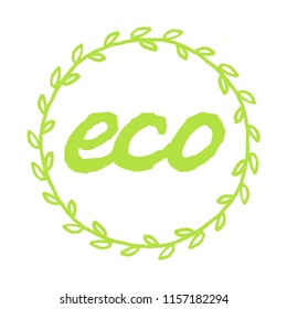 Text Eco in round frame with green leafs. Vector illustration
