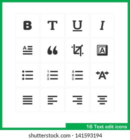 Text edit icon set. Vector white pictograms for web, mobile, business: bold, normal, italic, font, ubderline, letter, cut, keyboard, language, page, kerning, numder,