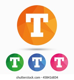 Text edit sign icon. Letter T button. Triangular low poly button with flat icon. Vector