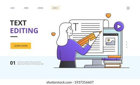 Text Editing concept with editor working online on a computer proofing the document with a large pencil, colored vector illustration website landing page template