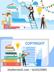 Text editing. Copyright. A group of people mini characters, read and edit text. Writing articles. Vector illustration. Vector.