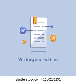 Text editing, copywriting concept, exam preparation, educational subject, book summary, creative reading, check up grammar, terms and conditions, vector icon, flat illustration