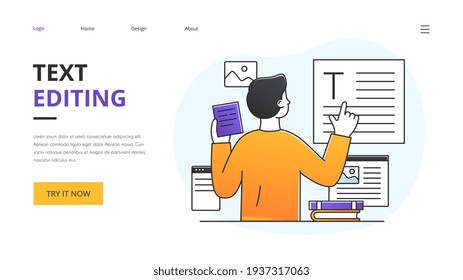 Text Editing With Editor Or Proof Reader Analysing Text Comparing It To A Handheld Copy Of Notes, Colored Vector Illustration Website Landing Page Template