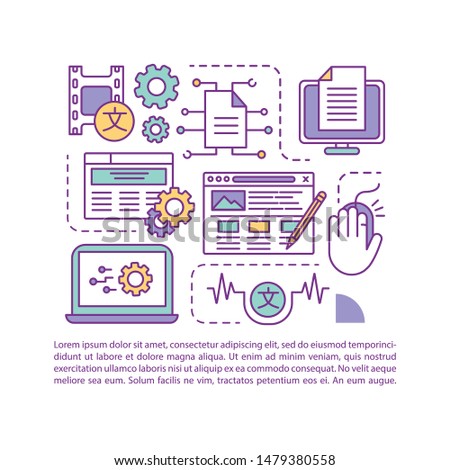 Text editing and processing software article page vector template. Brochure, magazine, booklet design element with linear icons and text boxes. Print design. Concept illustrations with text space 