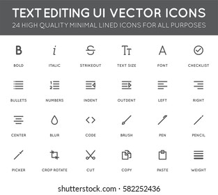 Conjunto de iconos de vectores de interfaz de usuario (UI) de edición de texto. Iconos en línea mínimos de alta calidad para todos los propósitos.