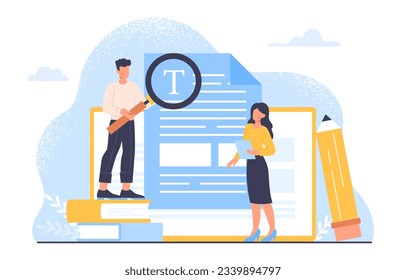 Text editor concept. Woman and man with magnifying glass evaluate article, interesting content. Freelancer and remote worker. Copywriters checking grammar. Cartoon flat vector illustration