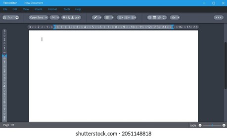 Text editor in dark theme with blank page. Digital application for documentation and correction with user friendly interface for office workers and vector writers.