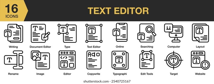 Conjunto de iconos del editor de texto. Incluye editor de texto, escritura, tipo, en línea, copywrite, renombrar y más. Colección de Vector de iconos de contorno.