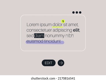 A text editor interface with underlined and crossed out words