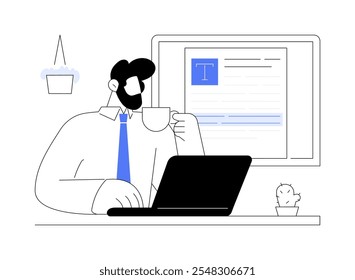 Ilustrações isoladas do vetor de desenhos animados em editor de texto. Homem editando documento usando software profissional, tecnologia de TI, trabalhando com documento eletrônico, copywriters trabalho vetor cartoon.