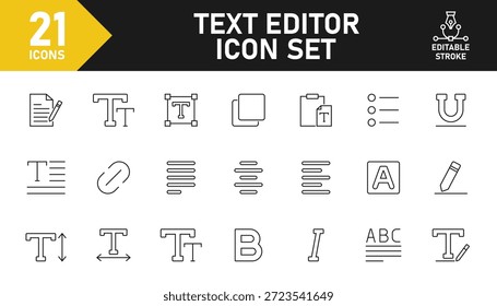 Conjunto de ícones de linha do editor de texto. Conjunto de 21 ícones de estrutura de tópicos relacionados a texto, alinhamento, parágrafo, escrita, ferramenta, fonte, tipografia, negrito e outros. Traçado editável. Ilustração vetorial.